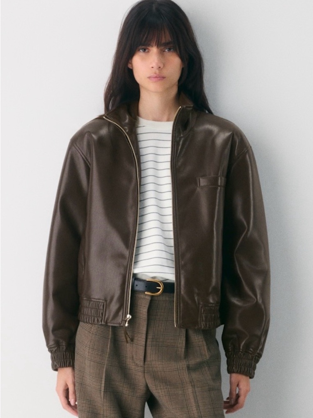 NWT Aritzia Josephine Faux Leather Zip Front Bomber Jacket in Rich Mocha
